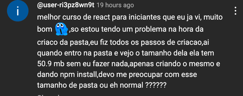 Testemunha do usuário "user-ri3pz8wn9t" sobre o curso React Pro do canal Garoto de Software