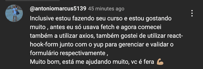 Testemunha do usuário "AntonioMarcus5139" sobre o curso React Pro do canal Garoto de Software