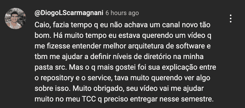 Testemunha do usuário "Diogo" sobre o curso React Pro do canal Garoto de Software