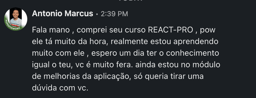 Testemunha do usuário "Diogo" sobre o curso React Pro do canal Garoto de Software