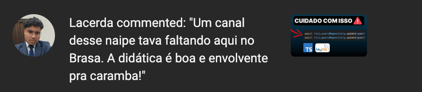 Testemunha do usuário "Larcerdae" sobre o curso React Pro do canal Garoto de Software